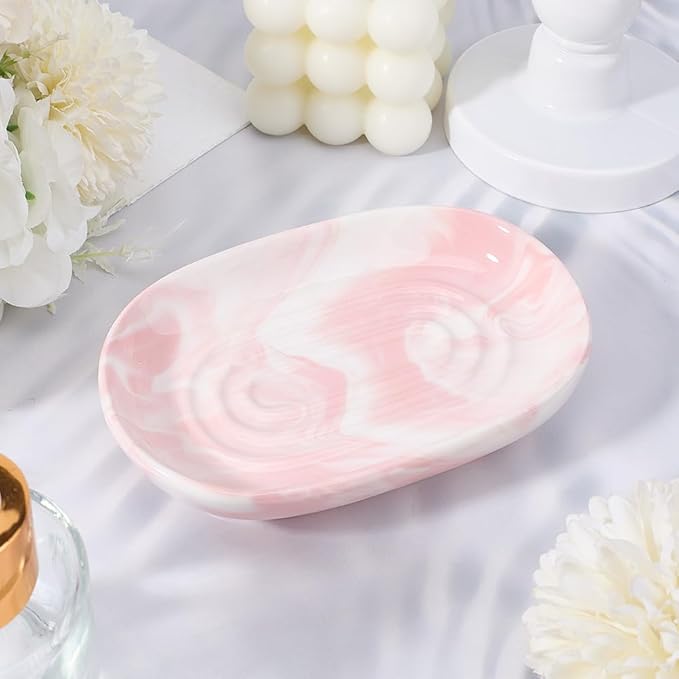 Pink Marble Oval Soap Dish|Drainage & Non-Slip Design|Fits All Soap Types|Nordic Style Bathroom Tray|Durable Plastic|13×8.5×2.5cm