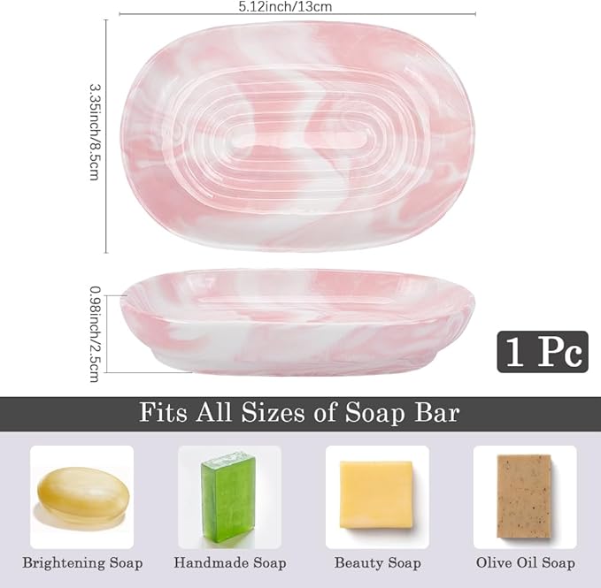 Pink Marble Oval Soap Dish|Drainage & Non-Slip Design|Fits All Soap Types|Nordic Style Bathroom Tray|Durable Plastic|13×8.5×2.5cm