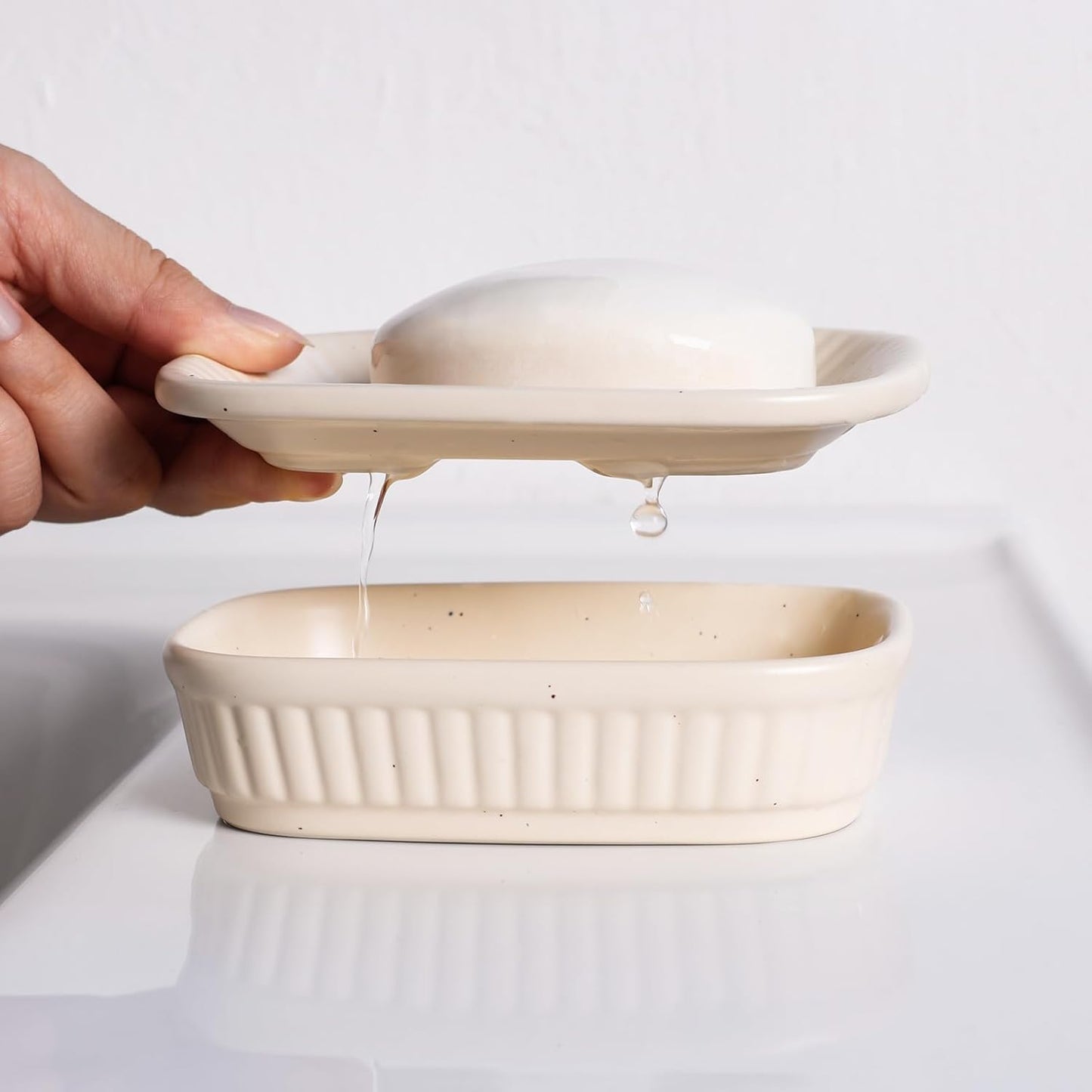 Vintage White Ceramic Soap Dish with Drain Holes – Elegant Bathroom Sink Soap Holder Tray (5.1 × 3.5 × 1.4 Inches)