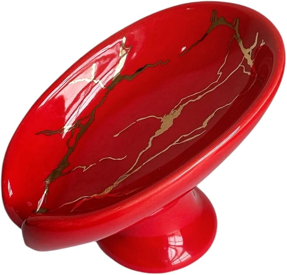Pedestal Ceramic Soap Dish|Red Marble Pattern with Gold Veins|Waterproof & Easy to Clean|Vintage Bathroom Sink Soap Holder Tray