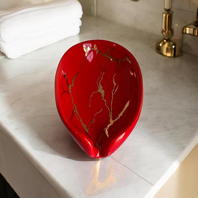 Pedestal Ceramic Soap Dish|Red Marble Pattern with Gold Veins|Waterproof & Easy to Clean|Vintage Bathroom Sink Soap Holder Tray
