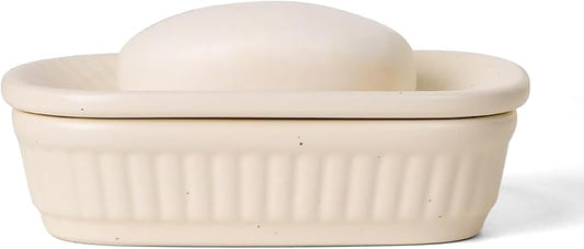 Vintage White Ceramic Soap Dish with Drain Holes – Elegant Bathroom Sink Soap Holder Tray (5.1 × 3.5 × 1.4 Inches)