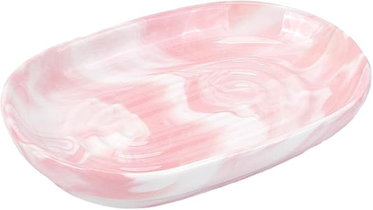 Pink Marble Oval Soap Dish｜Drainage & Non-Slip Design｜Fits All Soap Types｜Nordic Style Bathroom Tray｜Durable Plastic｜13×8.5×2.5cm