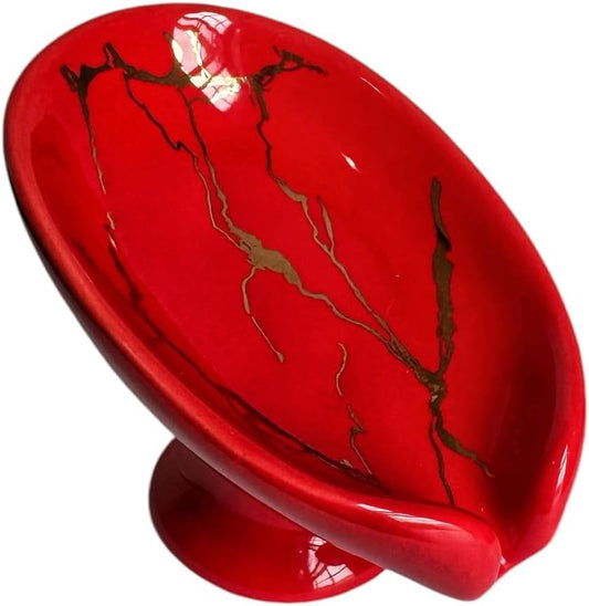 Pedestal Ceramic Soap Dish｜Red Marble Pattern with Gold Veins｜Waterproof & Easy to Clean｜Vintage Bathroom Sink Soap Holder Tray