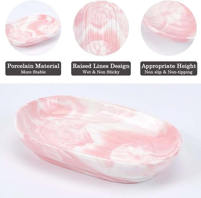 Pink Marble Oval Soap Dish｜Drainage & Non-Slip Design｜Fits All Soap Types｜Nordic Style Bathroom Tray｜Durable Plastic｜13×8.5×2.5cm