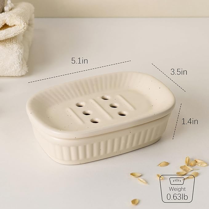 Vintage White Ceramic Soap Dish with Drain Holes – Elegant Bathroom Sink Soap Holder Tray (5.1 × 3.5 × 1.4 Inches)