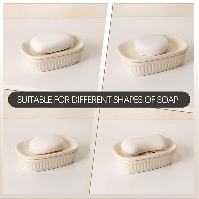 Vintage White Ceramic Soap Dish with Drain Holes – Elegant Bathroom Sink Soap Holder Tray (5.1 × 3.5 × 1.4 Inches)