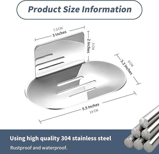 304 Stainless Steel Wall-Mounted Soap Holder｜Self-Adhesive Installation｜Rustproof & Waterproof｜Drainage Slot Design｜Universal for Bathroom & Kitchen｜14×8×5cm