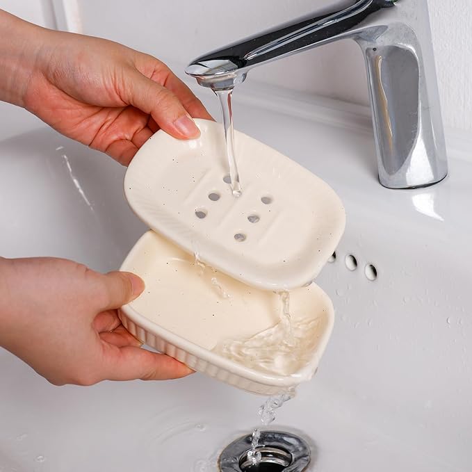 Vintage White Ceramic Soap Dish with Drain Holes – Elegant Bathroom Sink Soap Holder Tray (5.1 × 3.5 × 1.4 Inches)