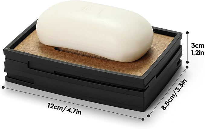 Nordic Style Draining Soap Dish｜Dual-Layer Structure with Detachable Natural Wood Tray｜Durable Plastic Base｜4.7"x3.3"x1.2"｜Bathroom & Kitchen Soap Holder