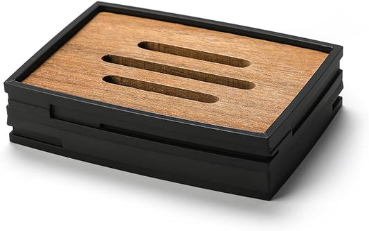 Nordic Style Draining Soap Dish｜Dual-Layer Structure with Detachable Natural Wood Tray｜Durable Plastic Base｜4.7"x3.3"x1.2"｜Bathroom & Kitchen Soap Holder