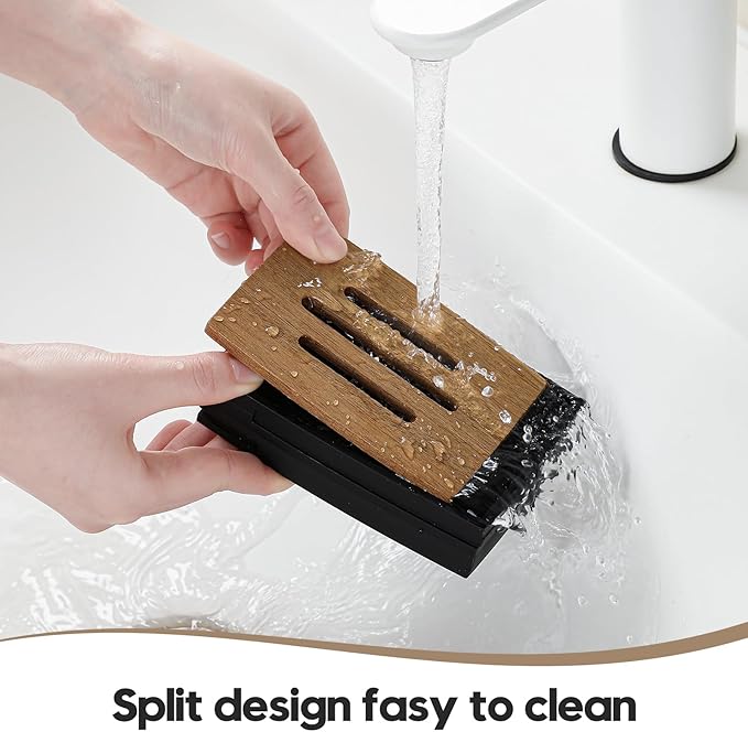 Nordic Style Draining Soap Dish｜Dual-Layer Structure with Detachable Natural Wood Tray｜Durable Plastic Base｜4.7"x3.3"x1.2"｜Bathroom & Kitchen Soap Holder