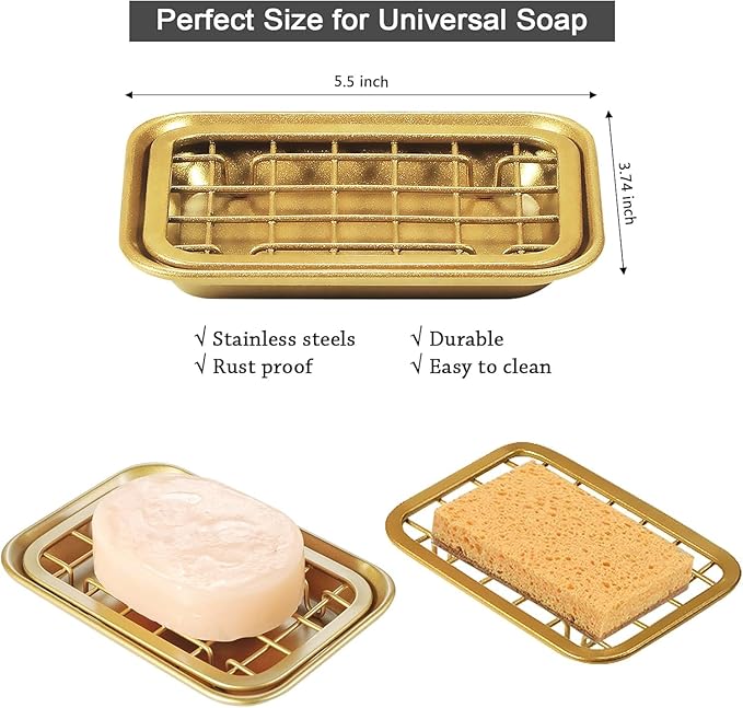 Gold-Plated Stainless Steel Soap Dish – Double-Layer Drain Soap Holder for Bathroom & Kitchen (5.5 × 3.74 Inches)