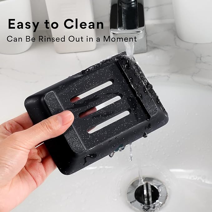 Nordic Style Soap Dish with Drainage Slots｜Matte Black Resin｜Quick-Dry Design｜13×9×2.5cm