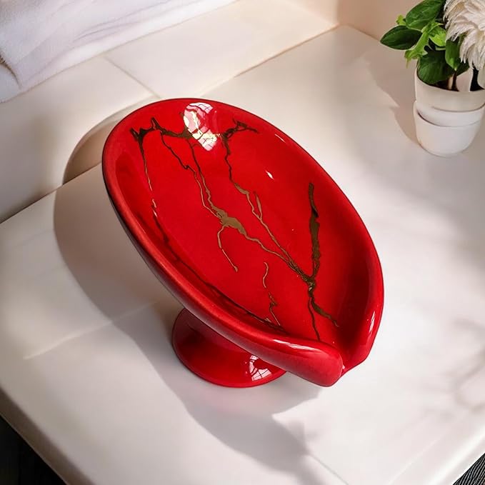 Pedestal Ceramic Soap Dish｜Red Marble Pattern with Gold Veins｜Waterproof & Easy to Clean｜Vintage Bathroom Sink Soap Holder Tray