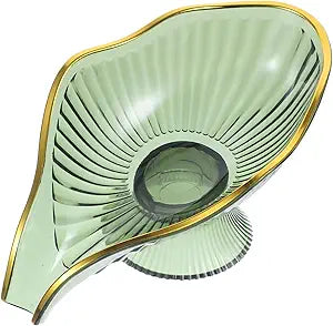 Vintage Green Pedestal Soap Dish｜Rippled Design with Gold Trim｜Drain-Friendly Leaf Shape Plastic Soap Tray｜Decorative Holder for Bathroom Sink or Vanity｜16×9.5cm