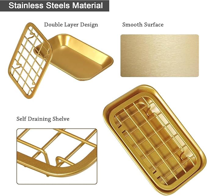 Gold-Plated Stainless Steel Soap Dish – Double-Layer Drain Soap Holder for Bathroom & Kitchen (5.5 × 3.74 Inches)