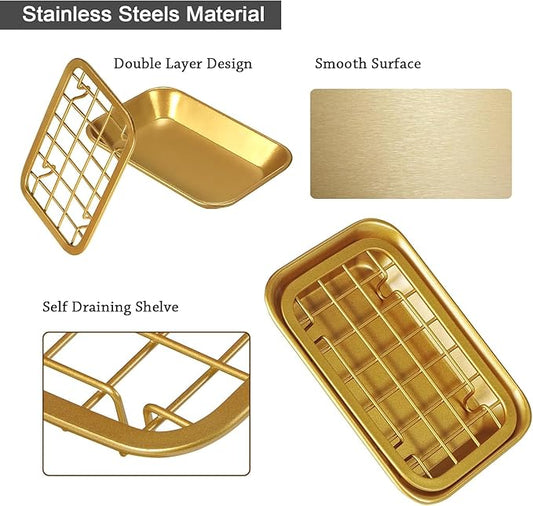 Gold-Plated Stainless Steel Soap Dish – Double-Layer Drain Soap Holder for Bathroom & Kitchen (5.5 × 3.74 Inches)