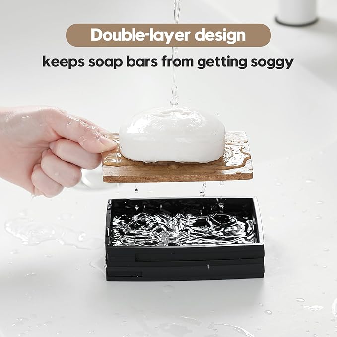 Nordic Style Draining Soap Dish｜Dual-Layer Structure with Detachable Natural Wood Tray｜Durable Plastic Base｜4.7"x3.3"x1.2"｜Bathroom & Kitchen Soap Holder