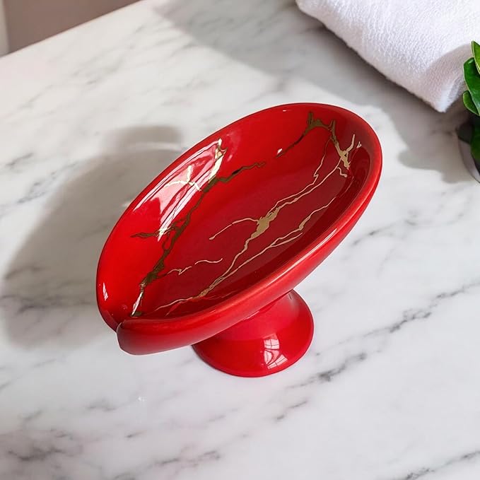 Pedestal Ceramic Soap Dish｜Red Marble Pattern with Gold Veins｜Waterproof & Easy to Clean｜Vintage Bathroom Sink Soap Holder Tray