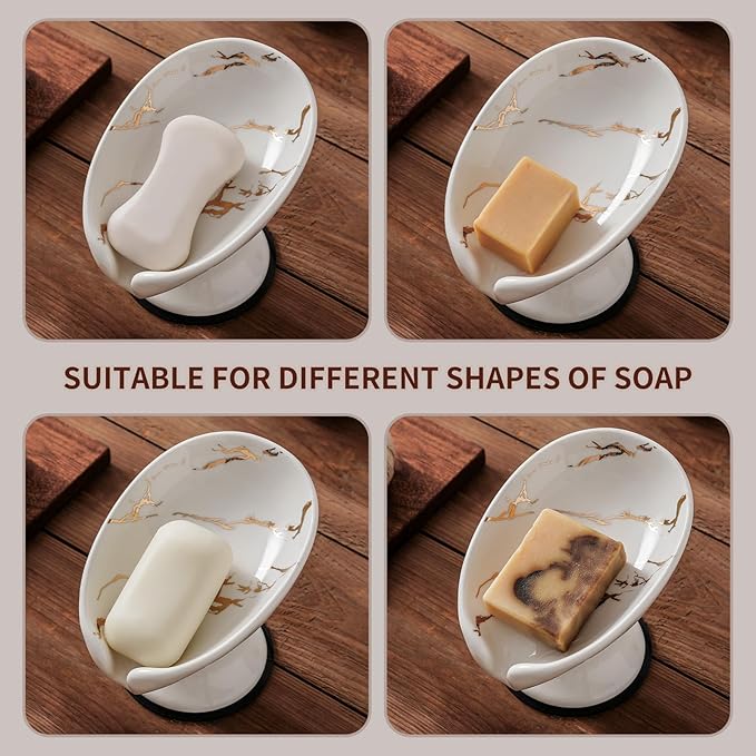 Marble-Pattern Suction Cup Soap Holder – Elevated Drain Soap Dish for Bathroom & Kitchen (15×11.8 cm)