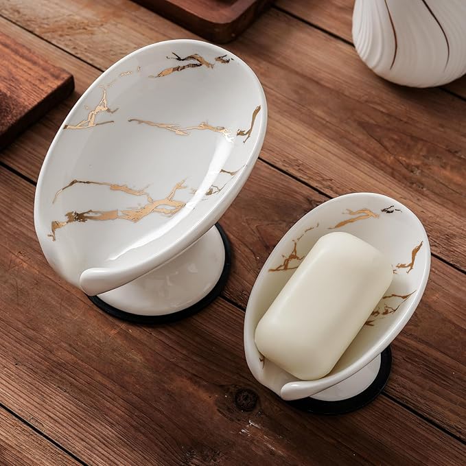 Marble-Pattern Suction Cup Soap Holder – Elevated Drain Soap Dish for Bathroom & Kitchen (15×11.8 cm)